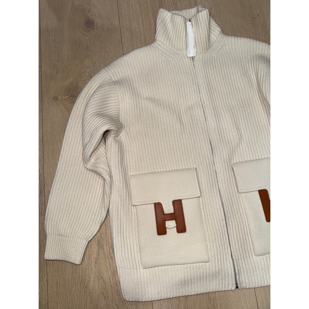 Hermes H Pocket Logo Blanc Zip Up Zipper Cardigan Sweater Wool Knit Jacket 38 - Picture 8 of 16
